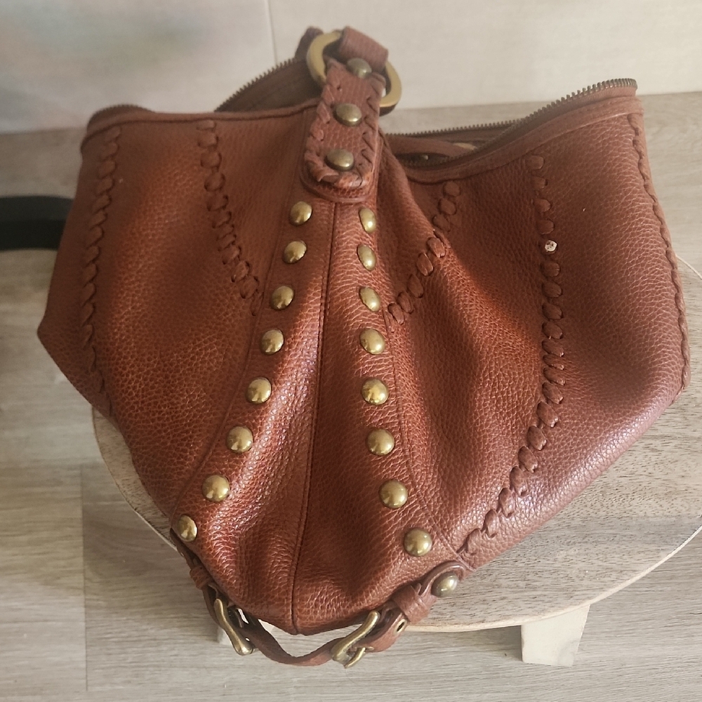 Isabella Fiore Tan Leather Hobo Bag with Gold Studs - Picture 3 of 8